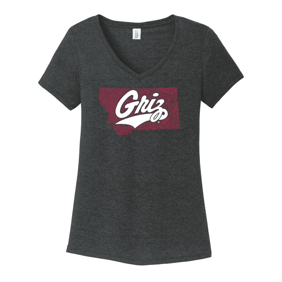 Blue Peak Creative's grey Ladies' Tri-Blend V-Neck Tee with the Paisley Montana Griz Script design in maroon and white