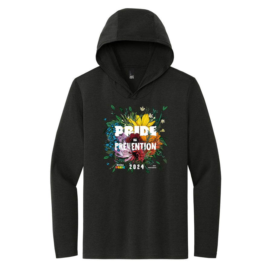 Black all-gender tri-blend long sleeve hoodie featuring the 2024 Missoula PRIDE design Pride is Prevention, front