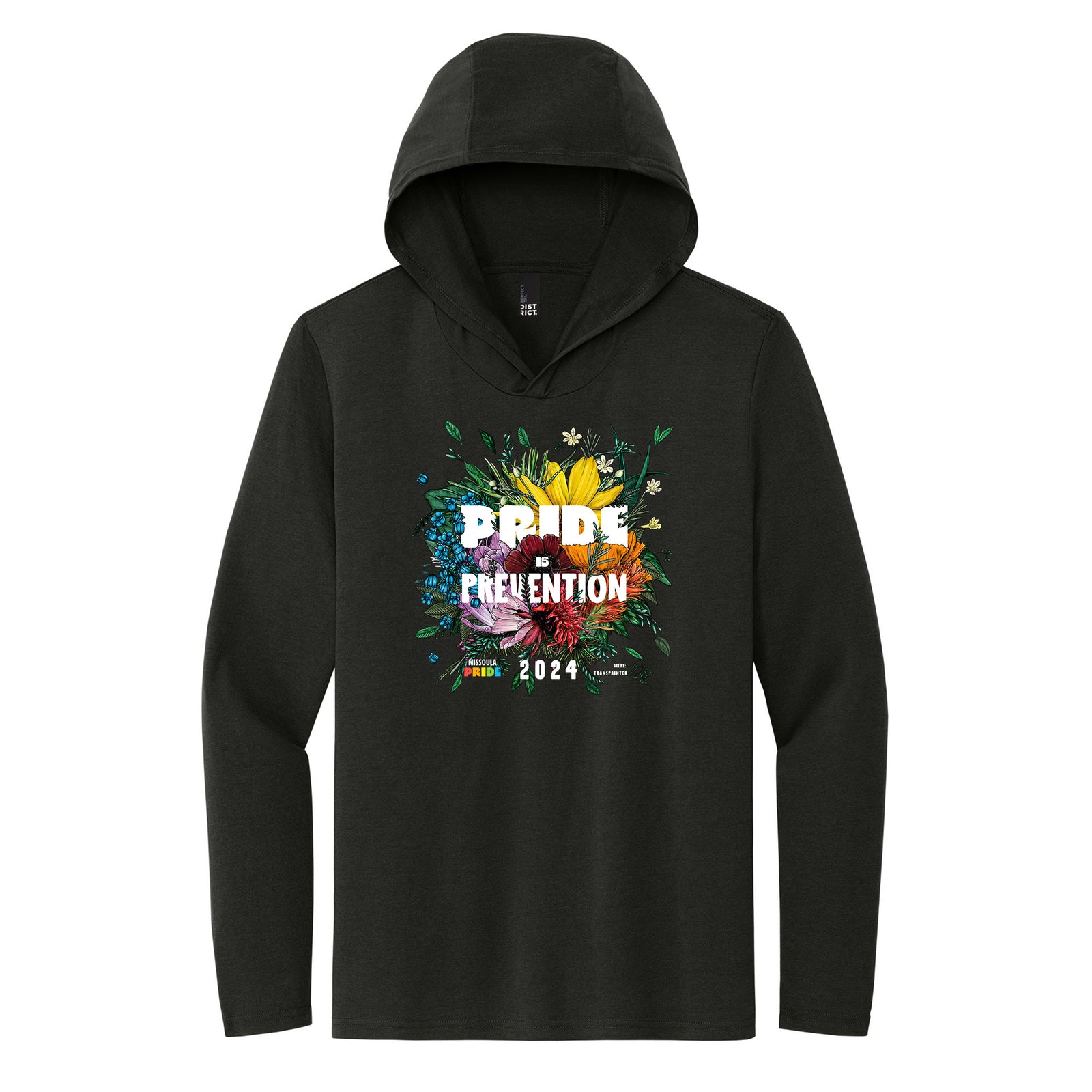 Black all-gender tri-blend long sleeve hoodie featuring the 2024 Missoula PRIDE design Pride is Prevention, front