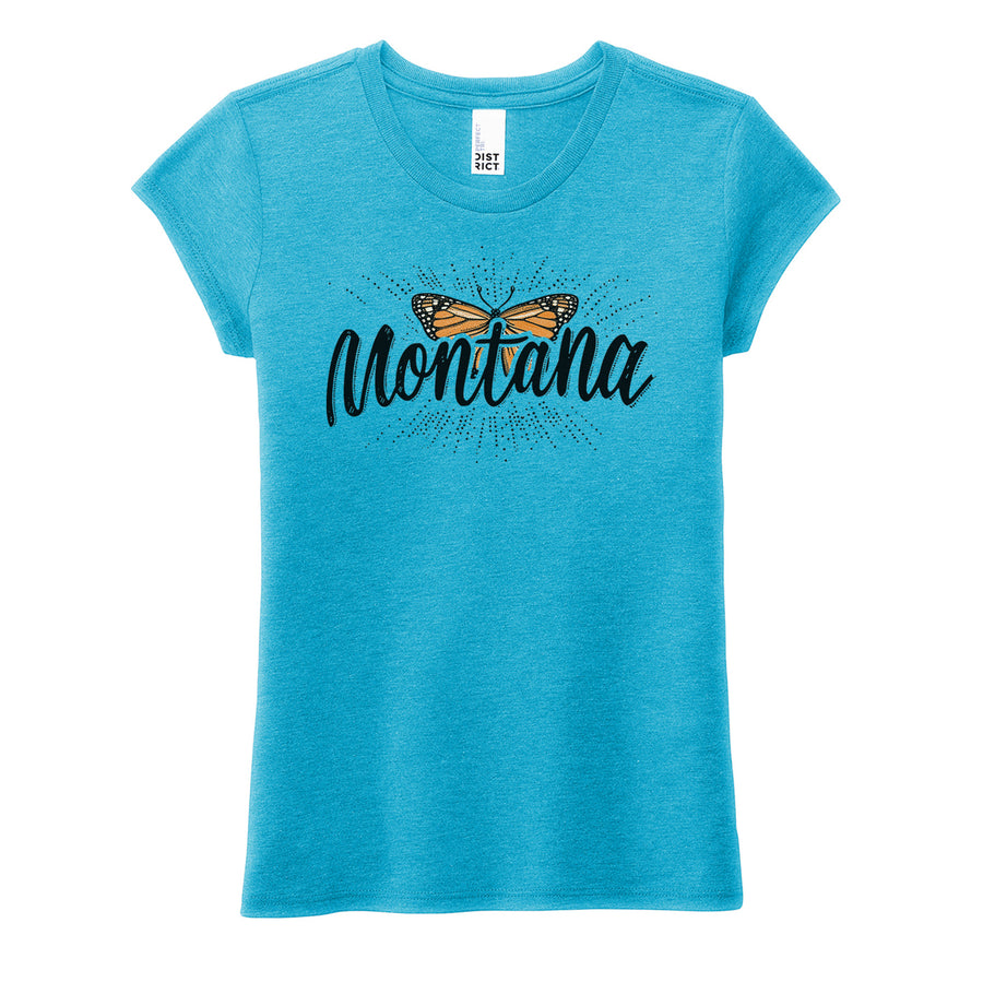 Blue Peak Creative's teal Girl's Tri-Blend Tee with the Butterfly Montana design