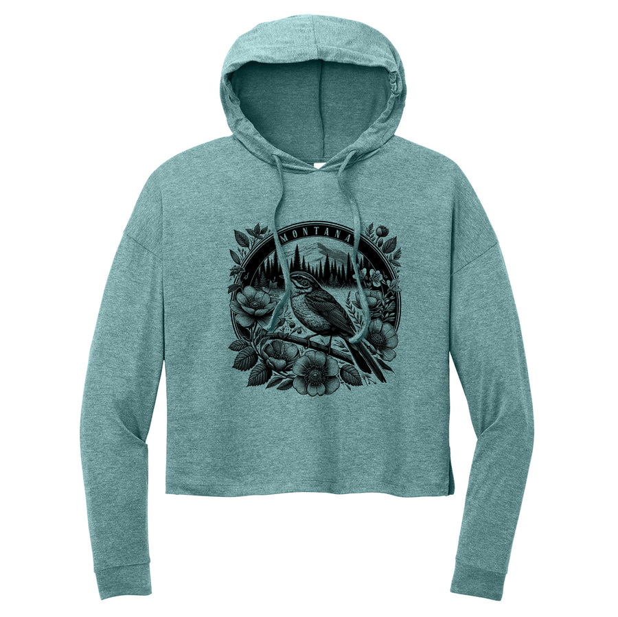 Heathered Eucalpytus Blue Ladies' Tri Long Sleeve Hooded Sweatshirt printed with the Meadowlark Flowers design by Blue Peak Creative