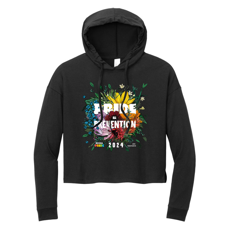 Black all-gender / unisex Tri-blend Midi Hooded Sweatshirt featuring the 2024 Missoula PRIDE design 'Pride is Prevention', front