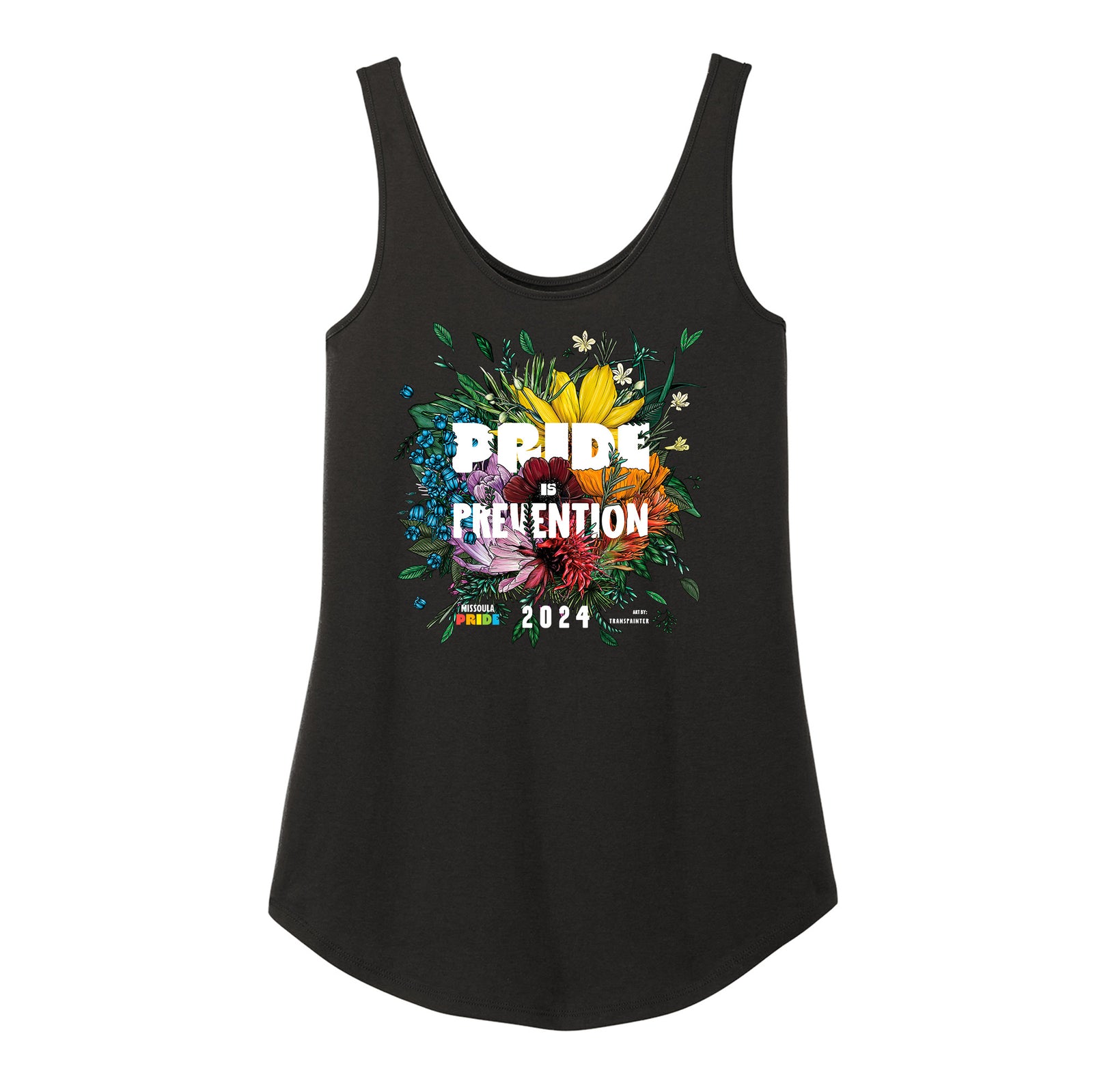 Black ladies' / femmes' tri-blend tank top featuring the 2024 Missoula PRIDE design Pride is Prevention, front