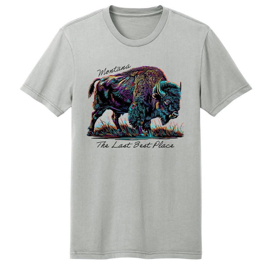 Grey Wash T-shirt printed with the Many-Color Bison design and the words 'Montana' and 'The Last Best Place' by Blue Peak Creative