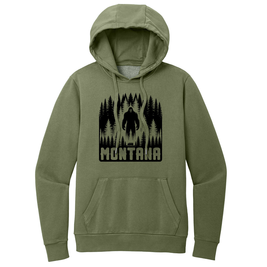 Olive Green Wash Fleece Hooded Sweatshirt printed with the Ominous Bigfoot design, by Blue Peak Creative