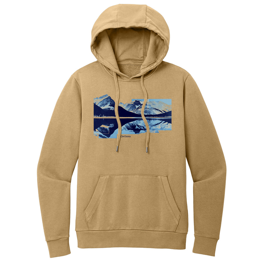 Golden Spice Wash Fleece Hooded Sweatshirt printed with the Mountain Reflection Glitch design, by Blue Peak Creative