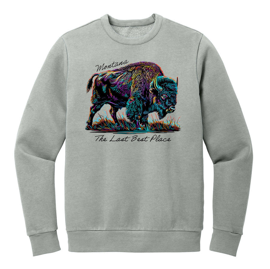 Grey Wash Fleece Crewneck Sweatshirt printed with the Many-Color Bison design and the words 'Montana' and 'The Last Best Place' by Blue Peak Creative