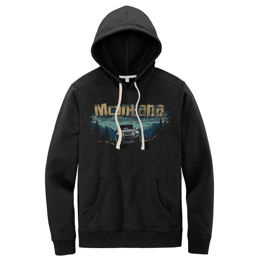 Black Re-Fleece Hooded Sweatshirt printed with the Minimal Jeep Montana design, by Blue Peak Creative