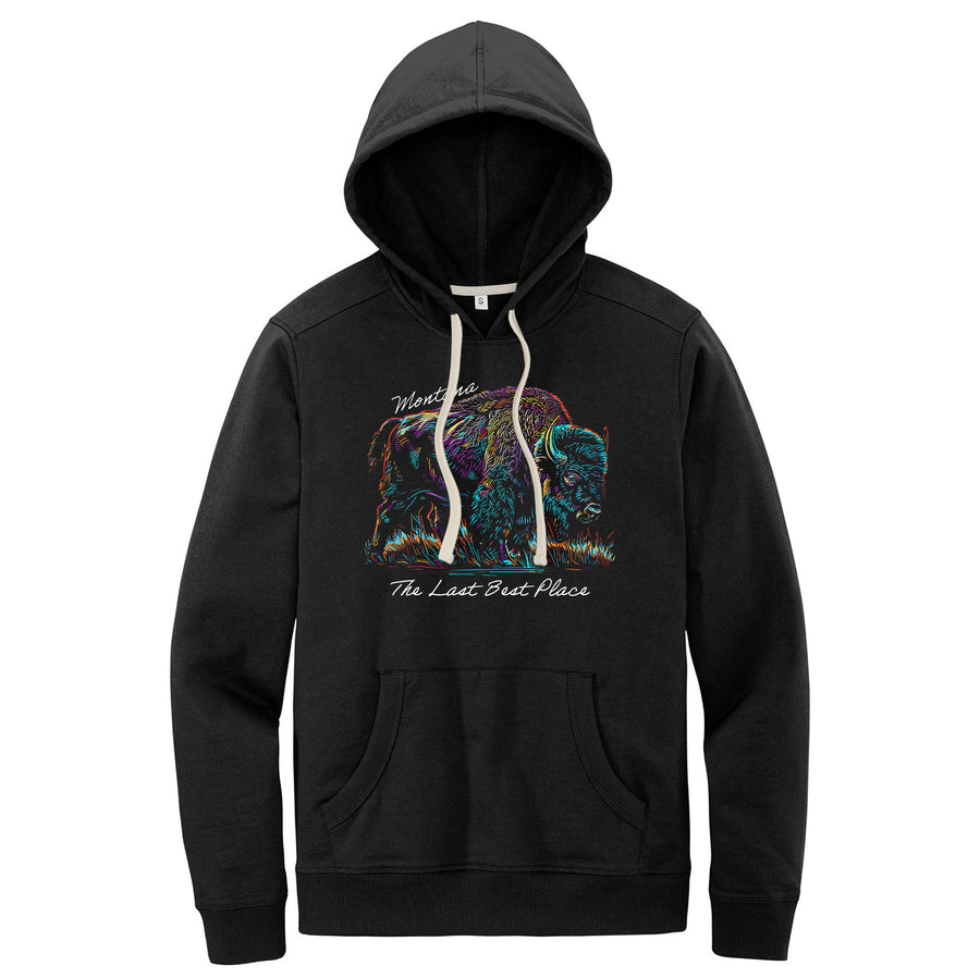 Black Re-Fleece Hoodie printed with the Many-Color Bison design and the words 'Montana' and 'The Last Best Place' by Blue Peak Creative