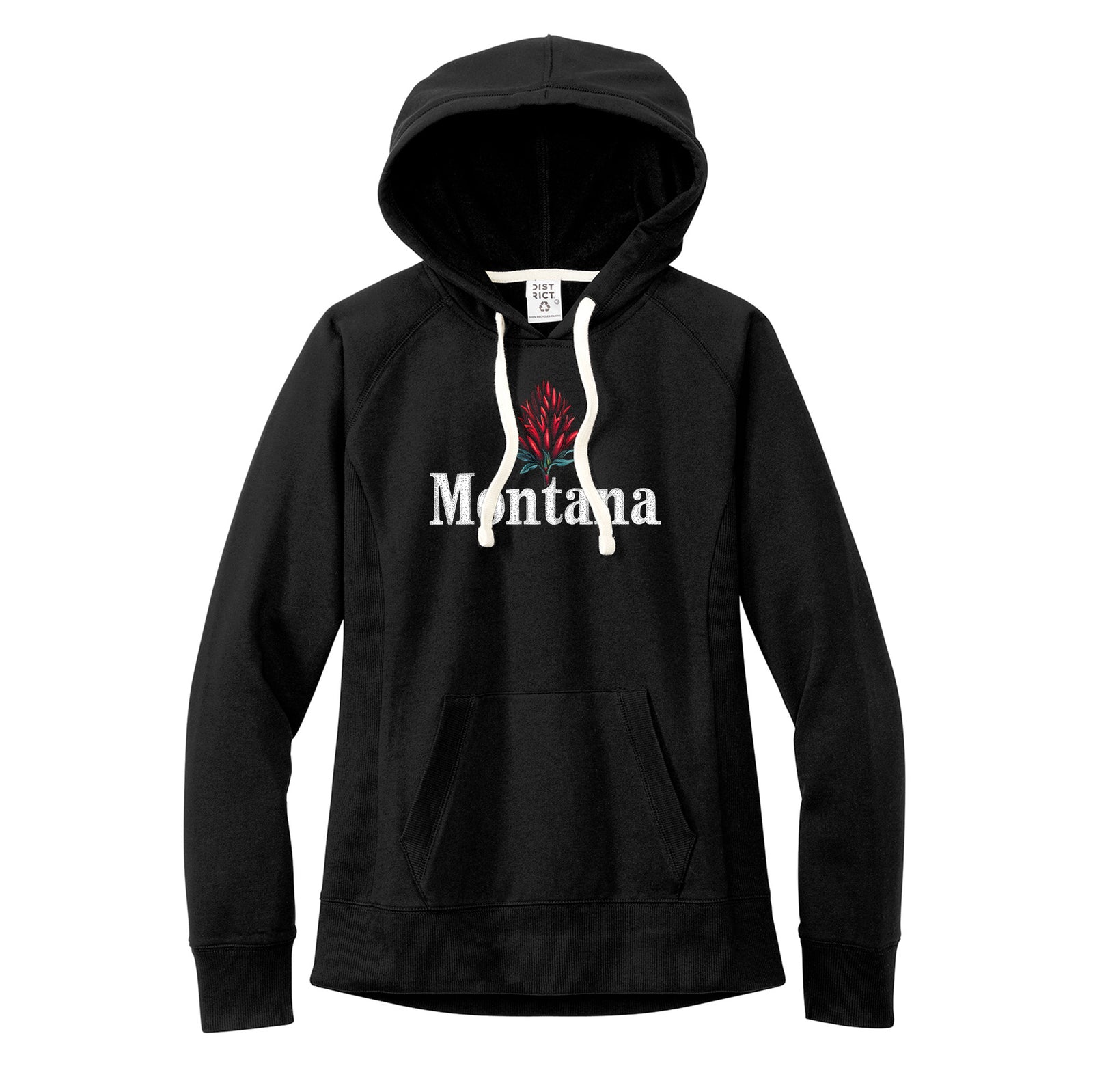 Black Ladies' Re-Fleece Hooded Sweatshirt printed with the Minimal Indian Paintbrush design, by Blue Peak Creative