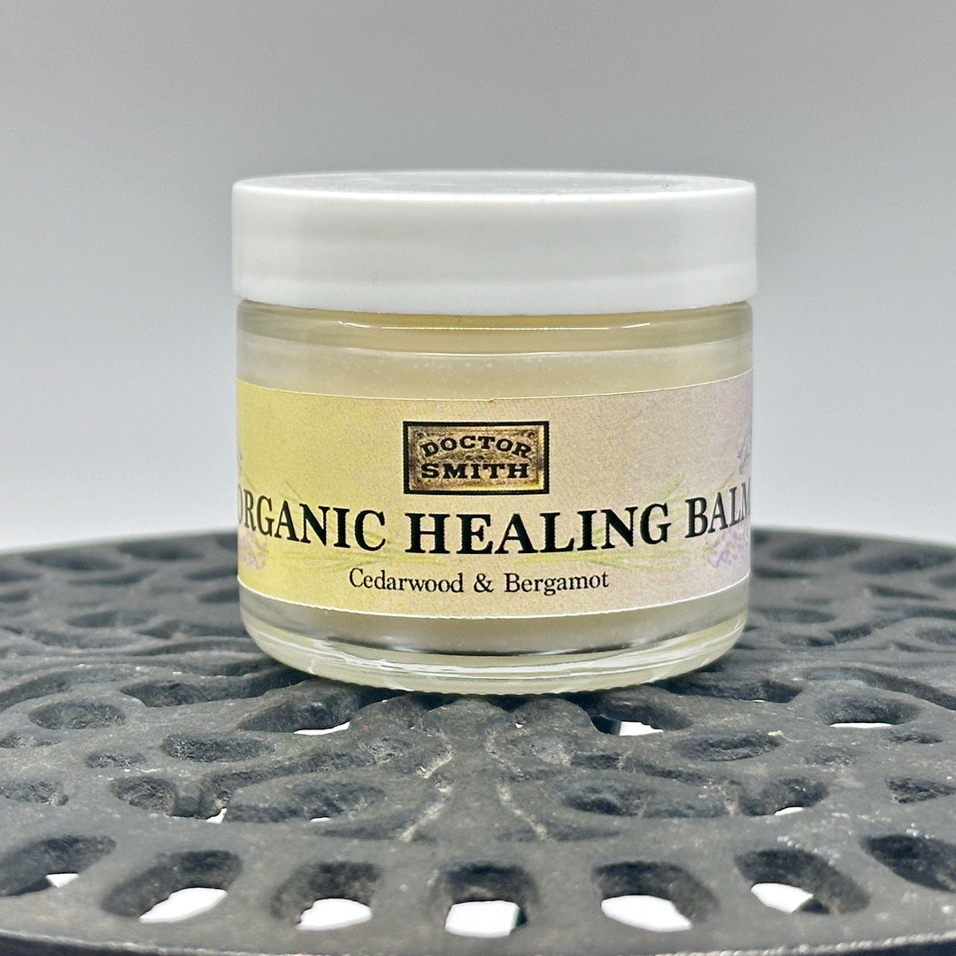 2 oz. jar of Cedarwood & Bergamot Organic Healing Balm, handmade in small batches in Montana by Dr. Smith Botanicals