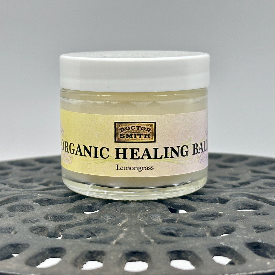2 oz. jar of Lemongrass Organic Healing Balm, handmade in small batches in Montana by Dr. Smith Botanicals
