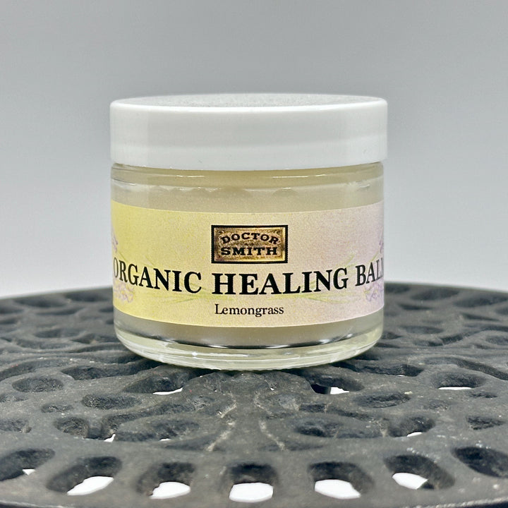 2 oz. jar of Lemongrass Organic Healing Balm, handmade in small batches in Montana by Dr. Smith Botanicals
