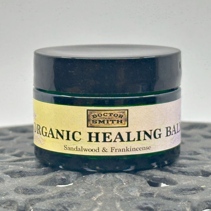 1 oz. jar of Sandalwood & Frankincense Organic Healing Balm, handmade in small batches in Montana by Dr. Smith Botanicals