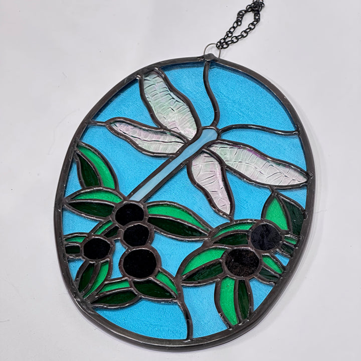 Beautiful Stained Glass piece of a Dragonfly with huckleberries made in Montana USA