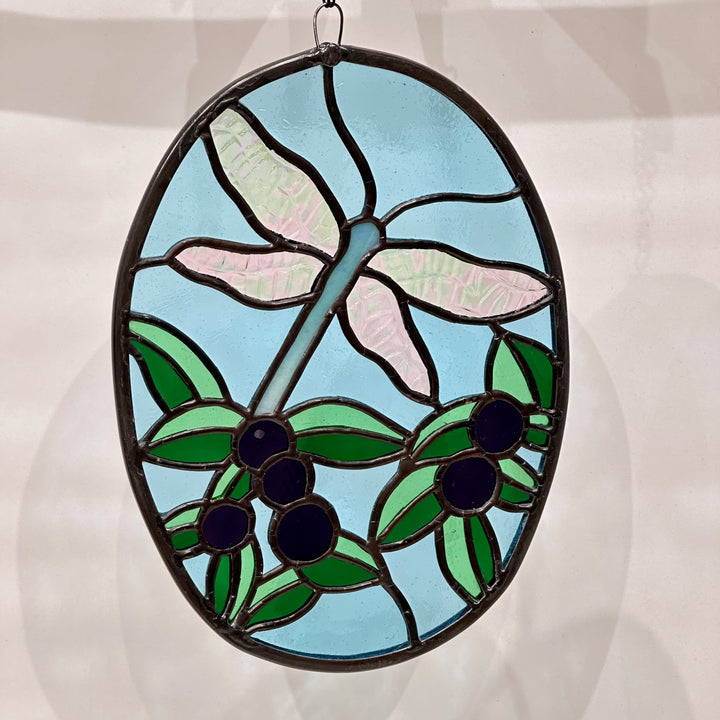 Beautiful Stained Glass piece of a Dragonfly with huckleberries made in Montana USA