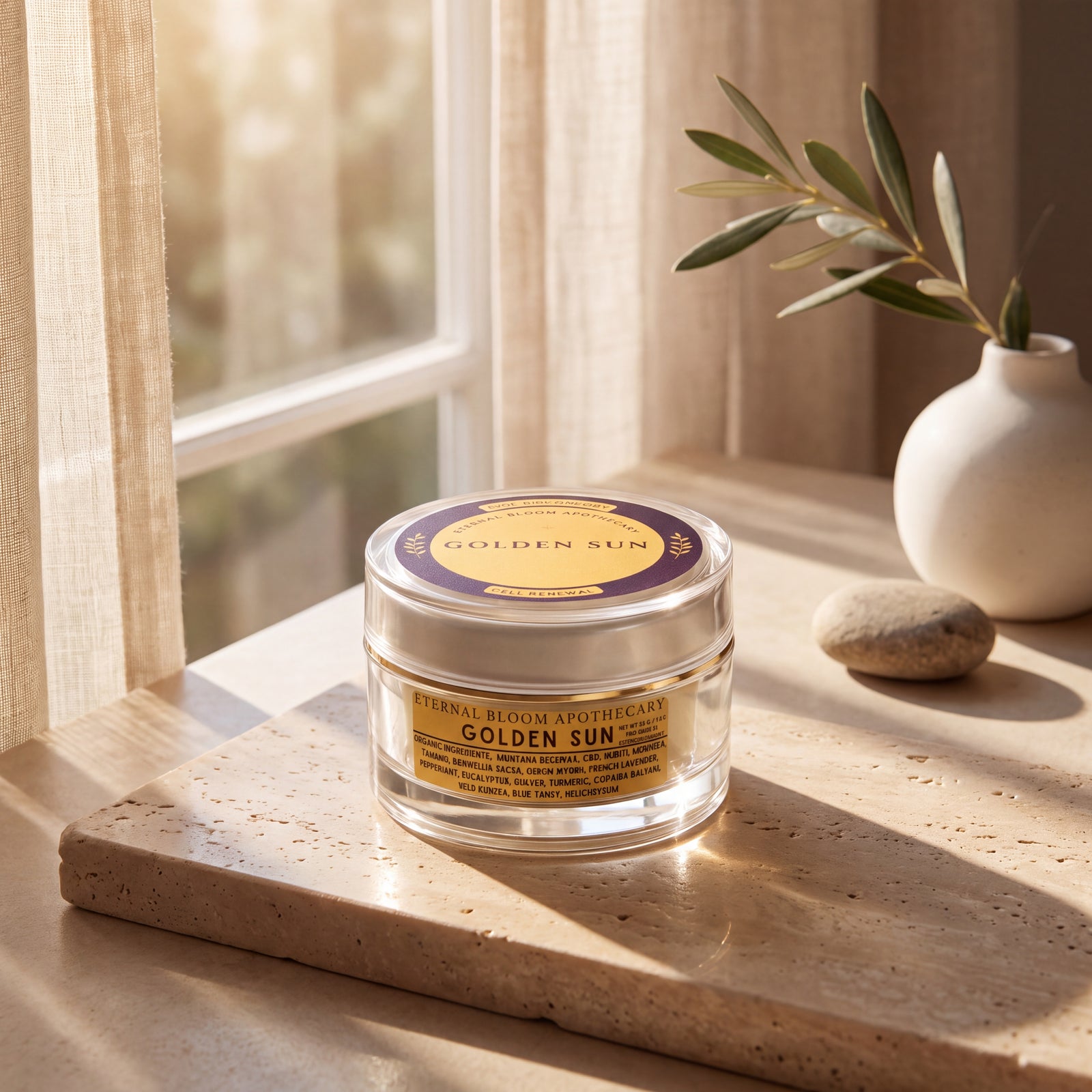 A clear glass jar labeled 'Golden Sun' sits on a stone tray on a windowsill, with warm sunlight streaming in from the left and a small white vase with green stems in the background.