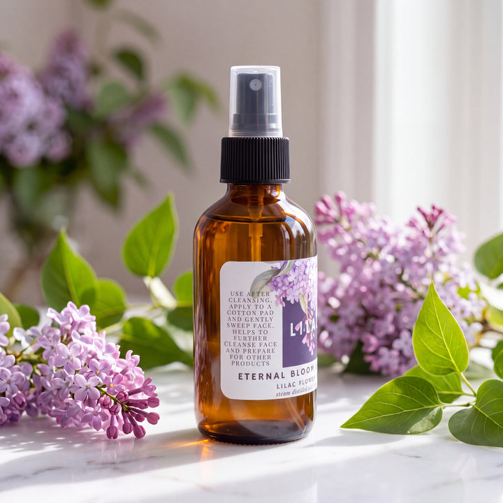 An amber glass spray bottle labeled &