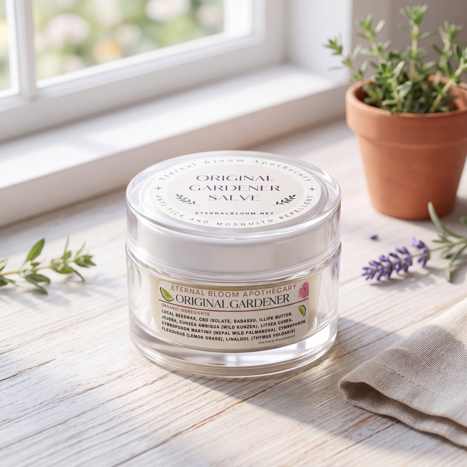 A jar of herbal Eternal Bloom Apothecary Original Gardener Salve sits on a light wooden windowsill with a potted plant and lavender sprigs in the background.