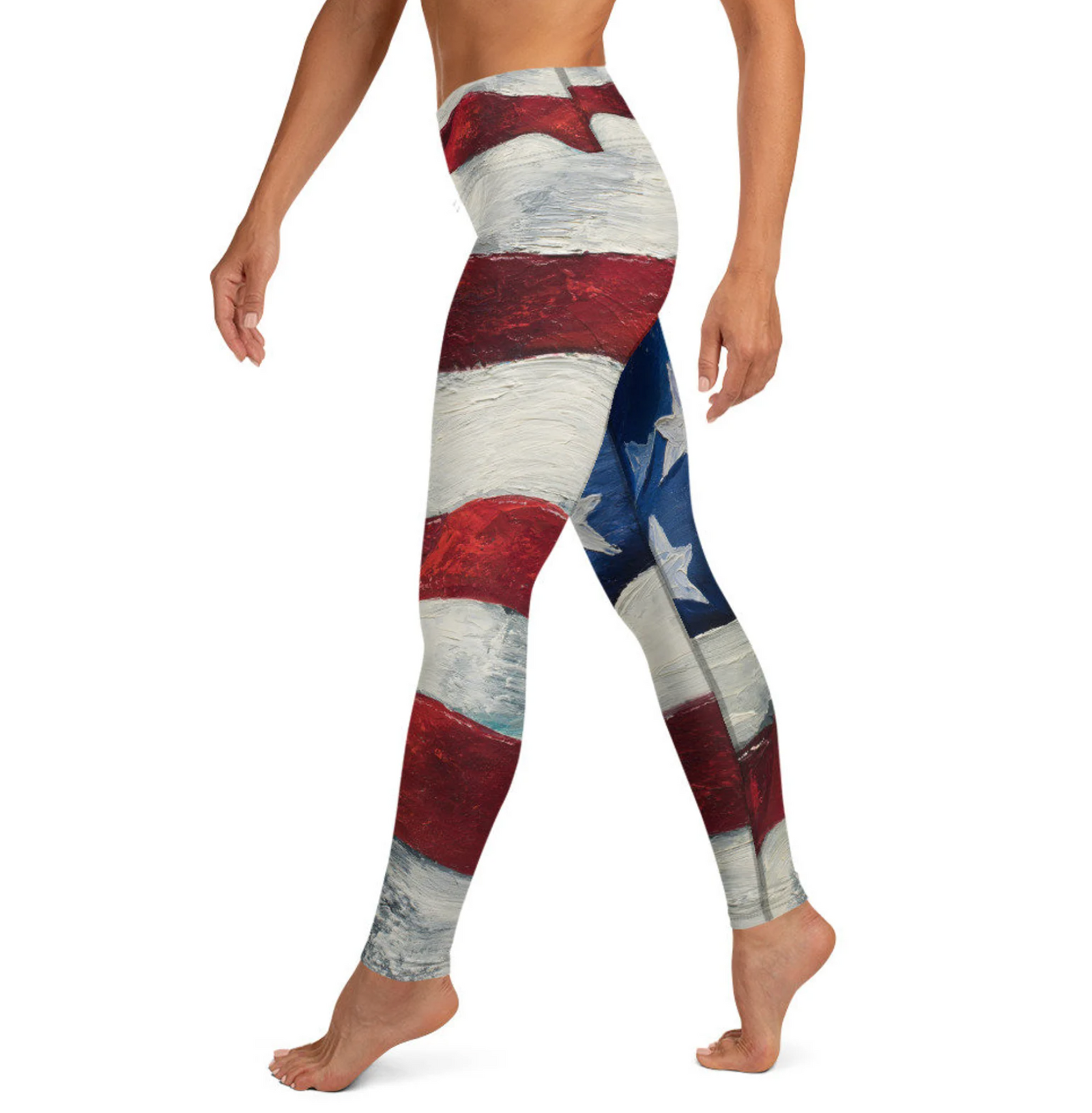 Fish Out of Water Apparel's "Our Flag" red, white, and blue Regular Leggings, featuring a vibrant stars-and-stripes design by Montana artist Jodi Monahan