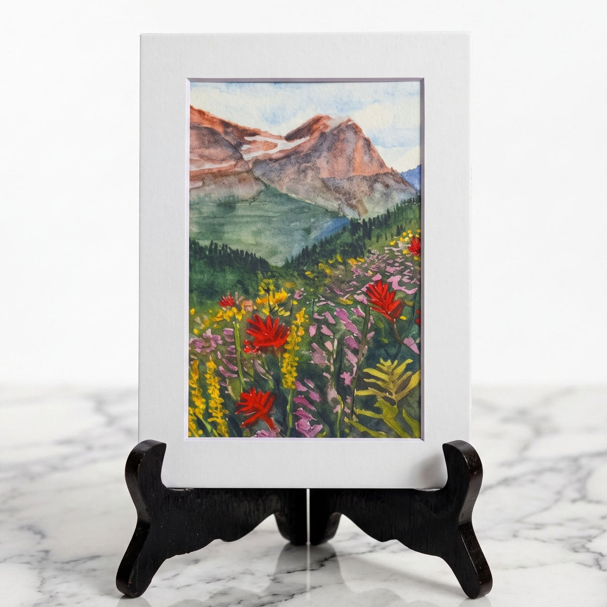 Bring Montana's beauty home with the Glacier's Garden 5x7 matted watercolor print by Bobbe Almer. Vibrant wildflower art, perfect for mountain home decor.