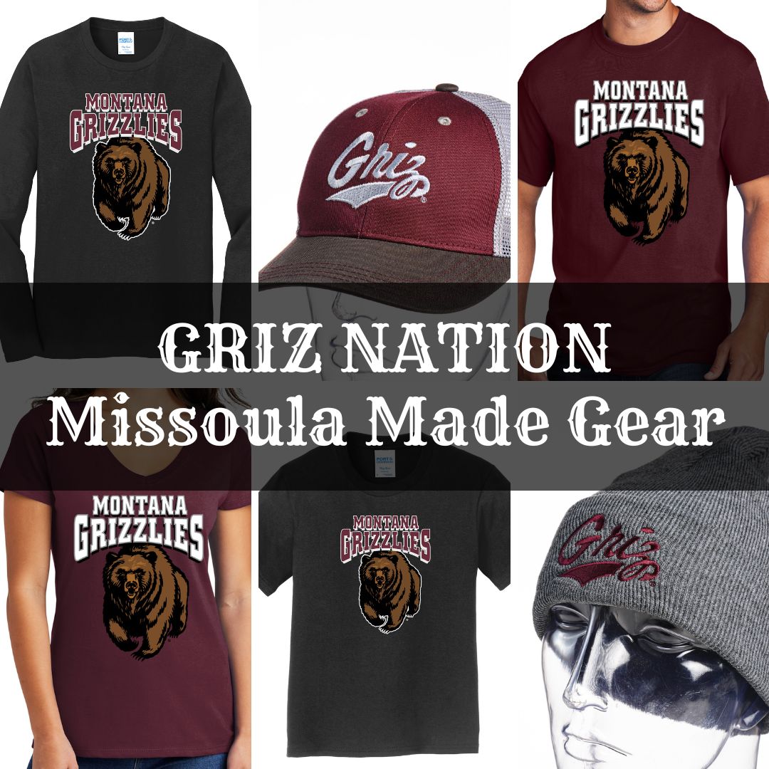 Collage of six University of Montana Grizzlies branded products, made in Missoula Montana, available at The Last Best Store