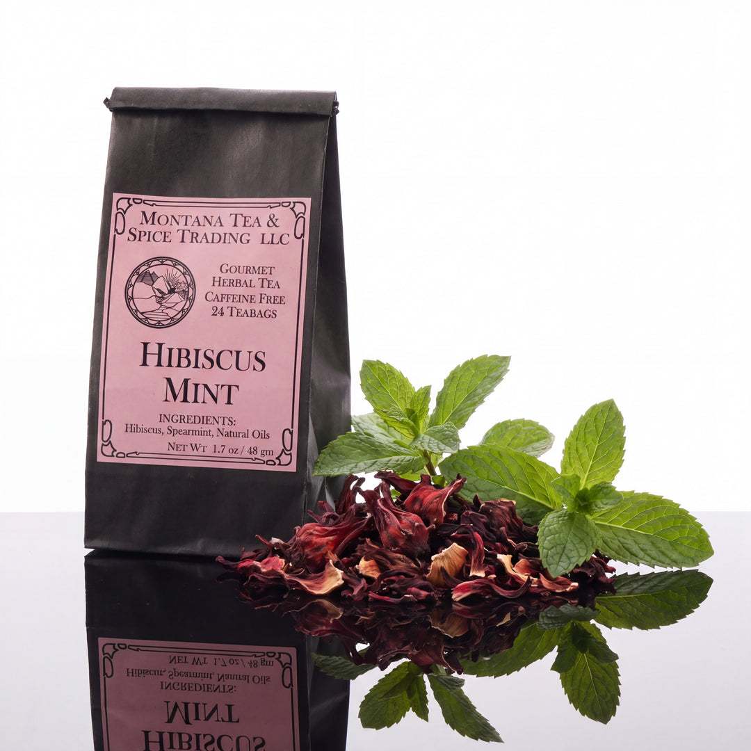 A black bag of tea with a pink label reading Hibiscus Mint by Montana Tea and Spice Trading LLC