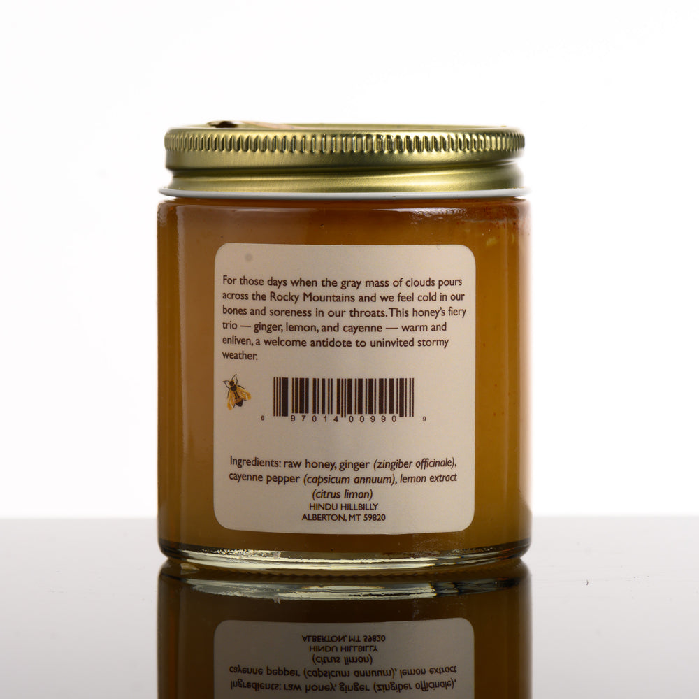 Herbal Honey - Ginger, Lemon & Cayenne - single-source (Montana) honey, flavored with ginger, lemon, and cayenne, handmade in Montana, USA by Hindu Hillbilly