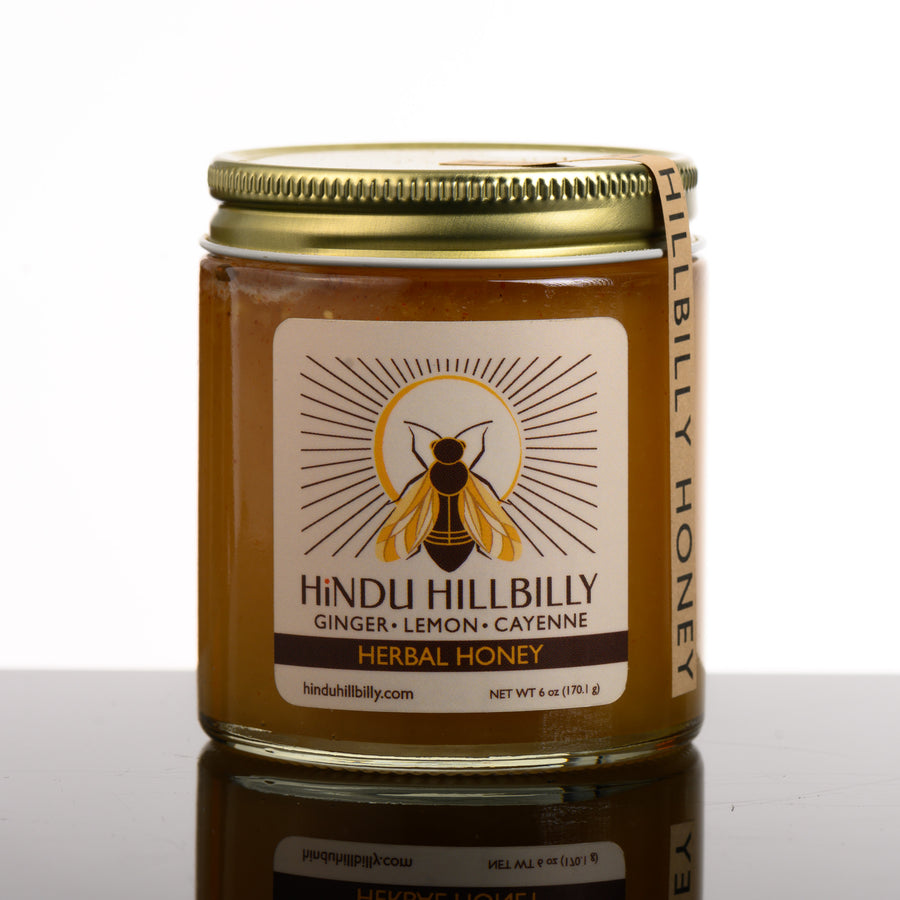 Herbal Honey - Ginger, Lemon & Cayenne - single-source (Montana) honey, flavored with ginger, lemon, and cayenne, handmade in Montana, USA by Hindu Hillbilly