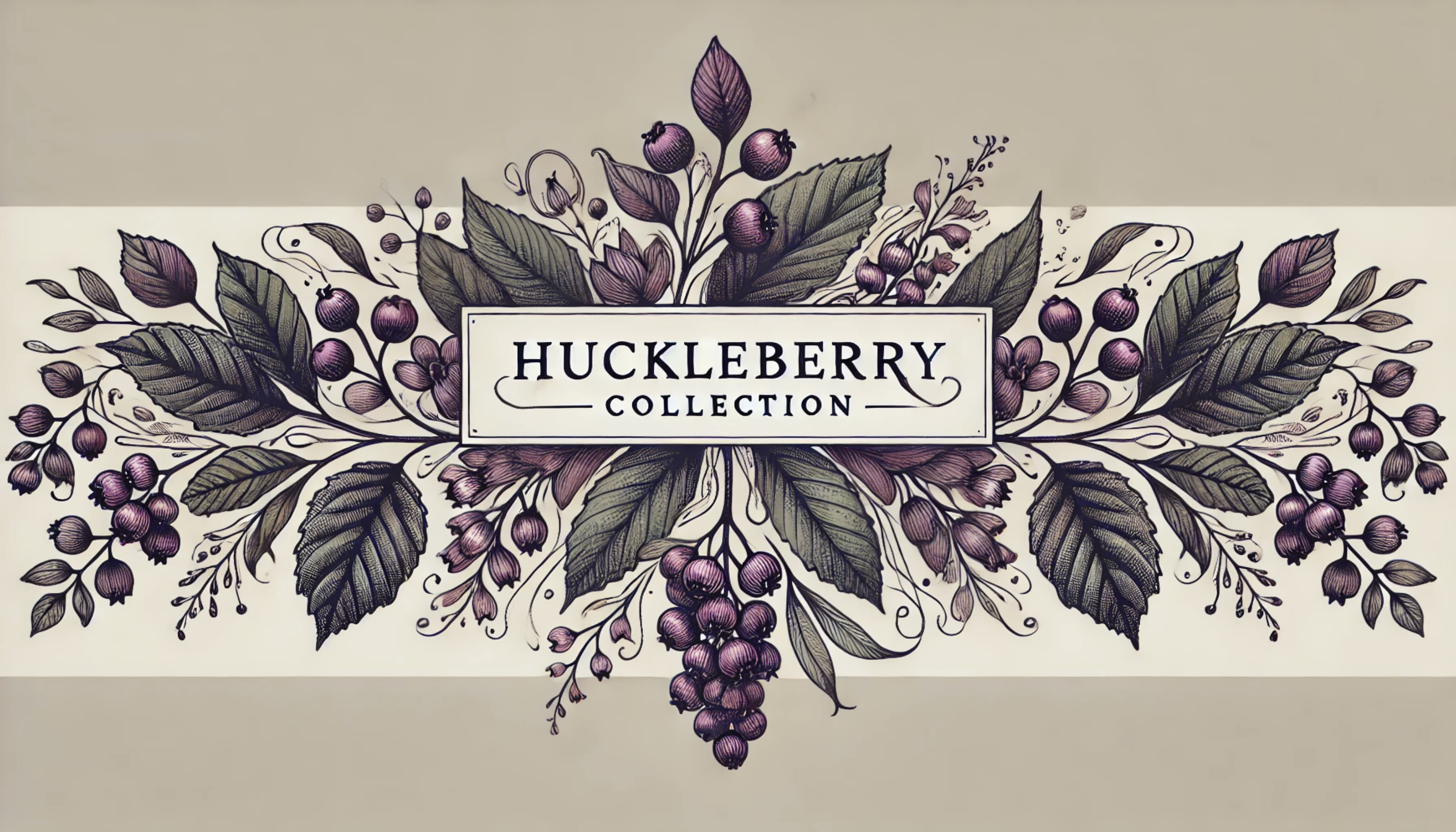 A artistic drawing of huckleberries and huckleberry plant leaves and the words Huckleberry Collection, representing made in Montana products featuring huckleberries available at The Last Best Store