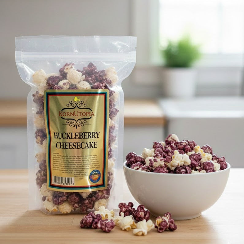 KornUtopia's Montana made Huckleberry Cheesecake Popcorn in a white bowl on a counter.
