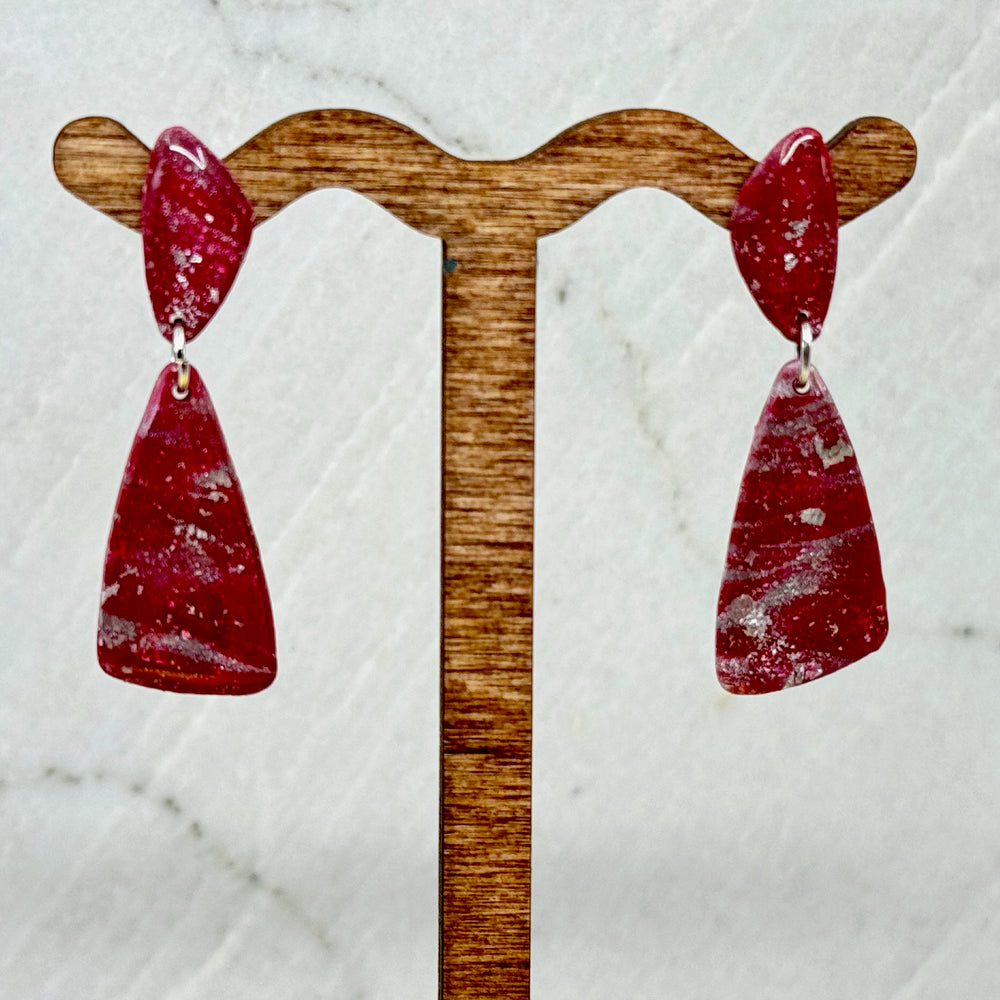 Pair of Abstract Earrings (University of MT Grizzlies Themed) made with maroon and silver polymer clay, by Bitterroot Shining Creations (double drop), hanging