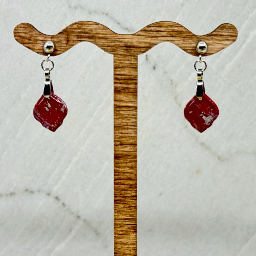 Pair of Small Arabesque Earrings with University of Montana Grizzlies colors by Bitterroot Shining Creations, featuring maroon and silver polymer clay, hanging
