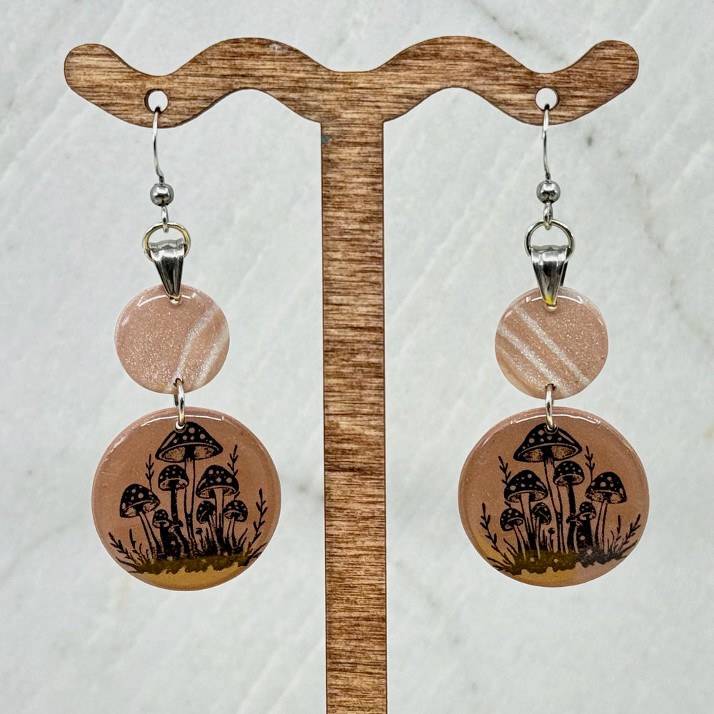 Pair of double drop polymer clay Dangle Mushroom Earrings by Bitterroot Shining Creations (dusty rose), hanging