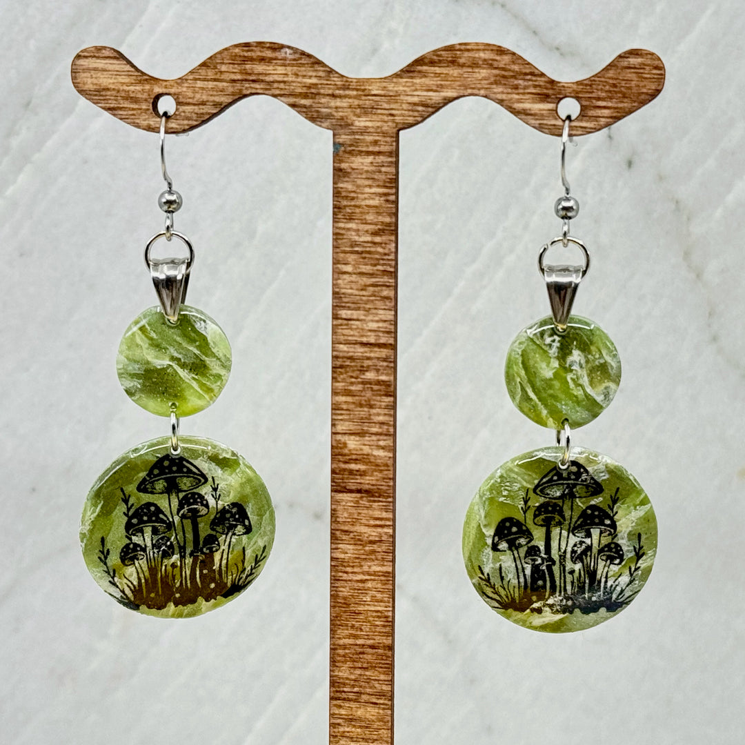 Pair of double drop polymer clay Dangle Mushroom Earrings by Bitterroot Shining Creations (green), hanging