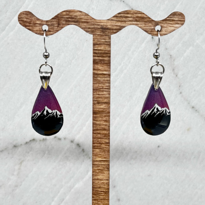 Pair of small, polymer clay Teardrop Earrings with Mountain by Bitterroot Shining Creations (sparkly purple, hanging