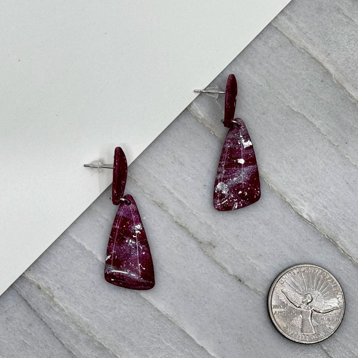 Pair of Abstract Earrings (University of MT Grizzlies Themed) made with maroon and silver polymer clay, by Bitterroot Shining Creations (double drop), with scale