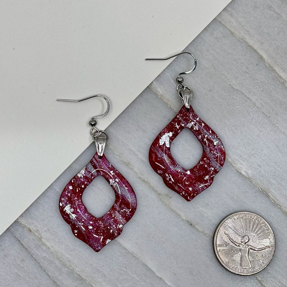 Pair of University of MT Grizzlies Themed polymer clay Arabesque Earrings (large) by Bitterroot Shining Creations, featuring maroon and silver polymer clay, with scale