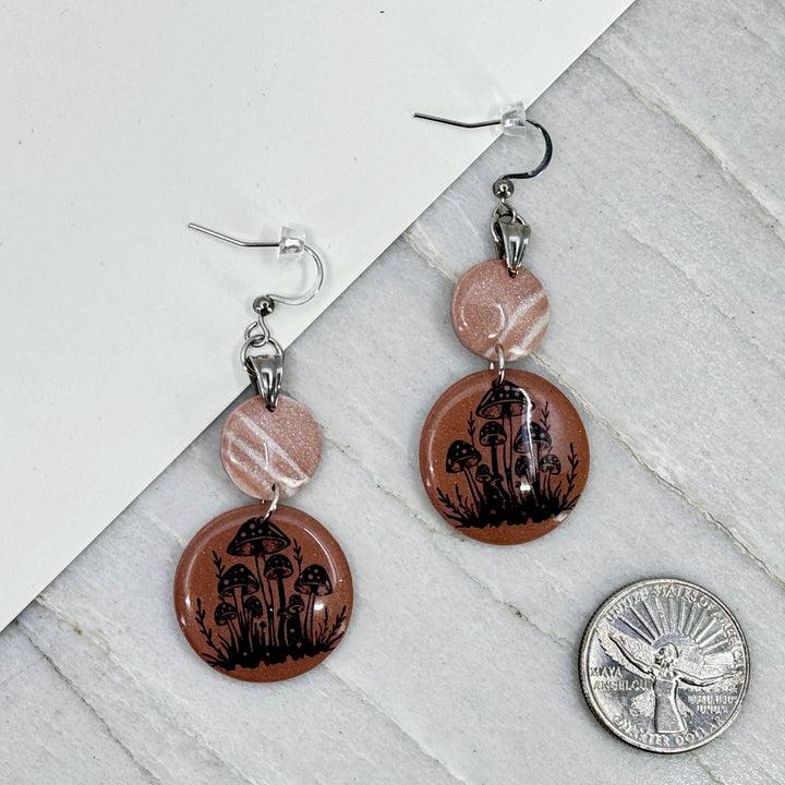 Pair of double drop polymer clay Dangle Mushroom Earrings by Bitterroot Shining Creations (dusty rose), with scale