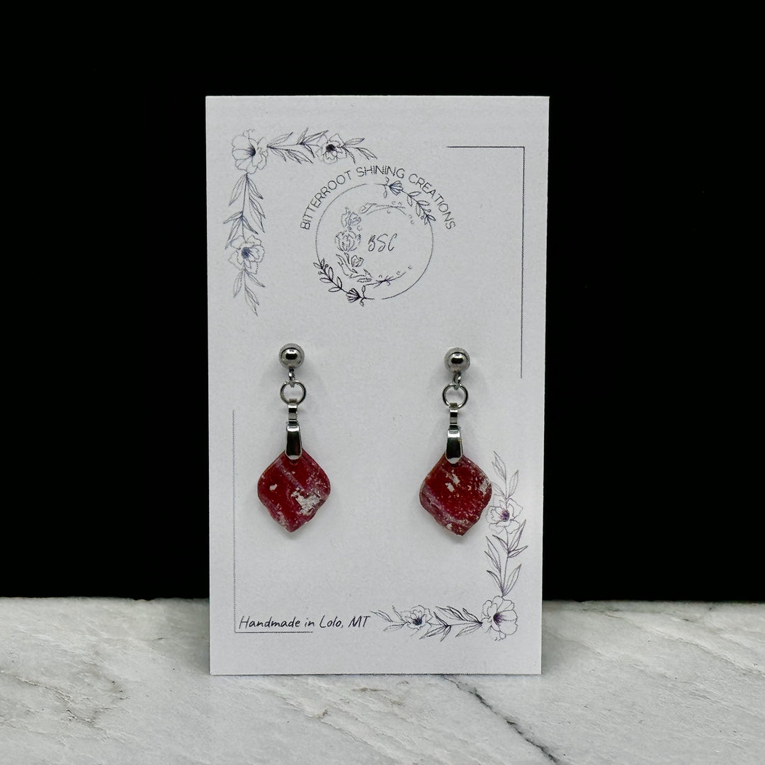 Pair of Small Arabesque Earrings with University of Montana Grizzlies colors by Bitterroot Shining Creations, featuring maroon and silver polymer clay, on card