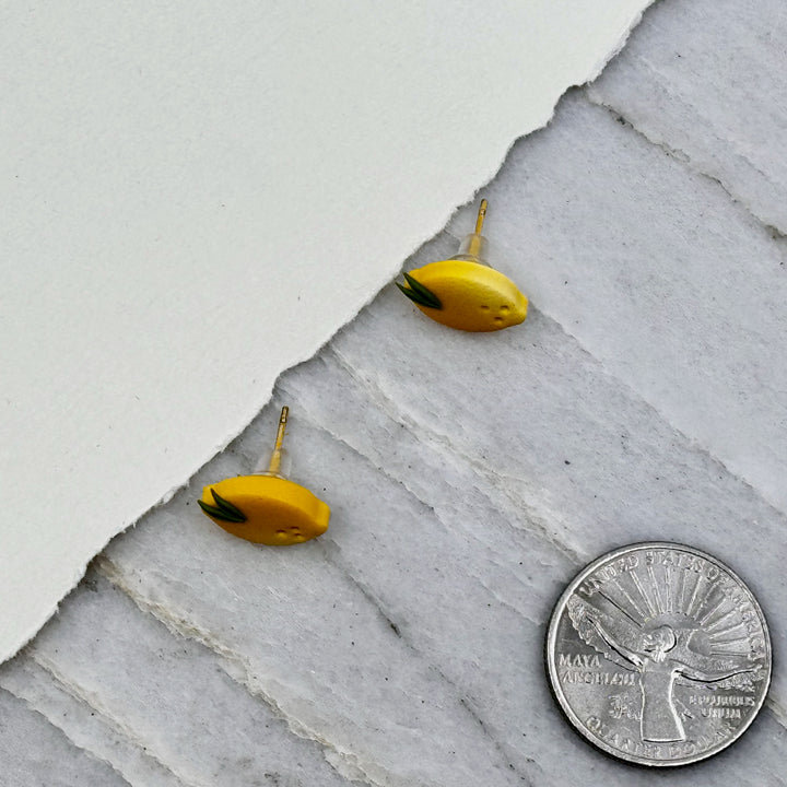 Pair of La Petite Rose's Lemon Clay Stud Earrings, with scale