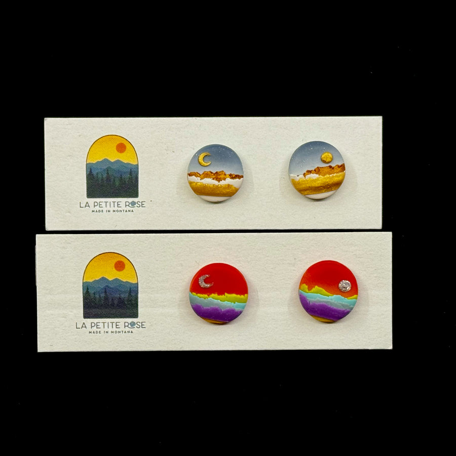 2 pairs of La Petite Rose's Sun Moon Landscape Clay Stud Earrings (rainbow or blue and gold), on cards