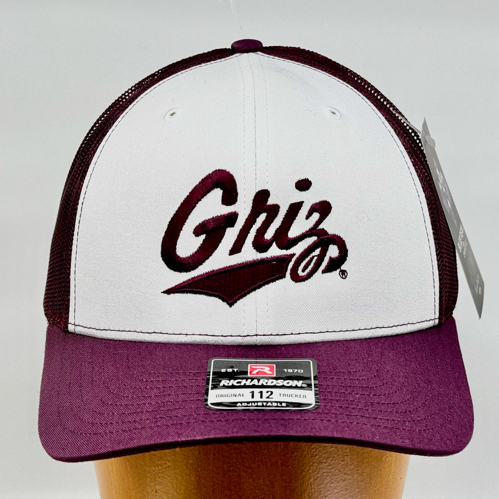 Blue Peak Creative's maroon and white Richardson Trucker Hat with the University of MT Griz Script embroidered in maroon (front view)