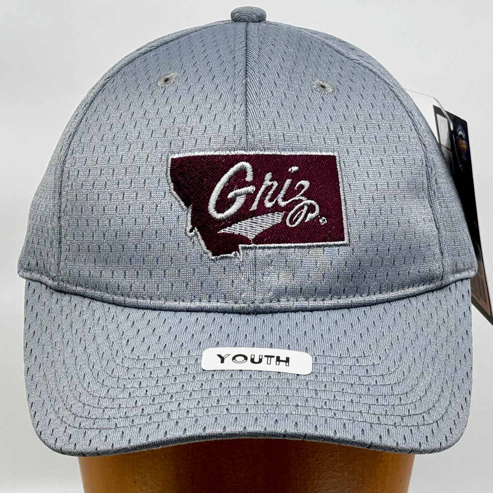 Blue Peak Creative's silver Youth Pro Mesh Hat embroidered with the Griz over Montana design in silver and maroon (front view)