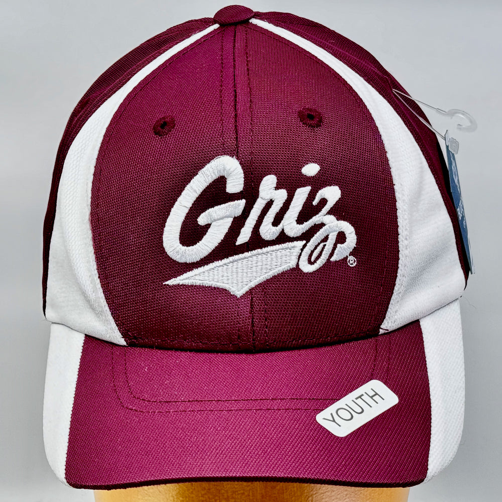 Blue Peak Creative's Youth maroon and white Sport Tek Two Tone Hat with the University of MT Griz Script embroidered in white (front view)