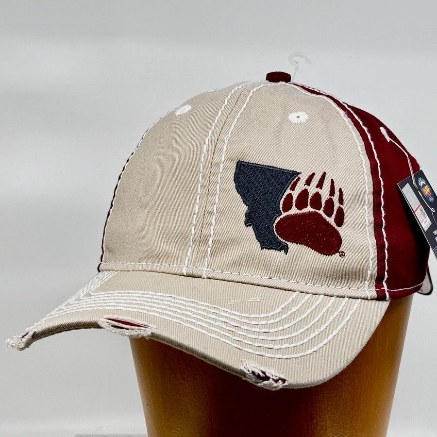 Blue Peak Creative's khaki and maroon Distressed Rambler Hat embroidered with the Montana Paw design in charcoal grey and maroon (3/4 view)