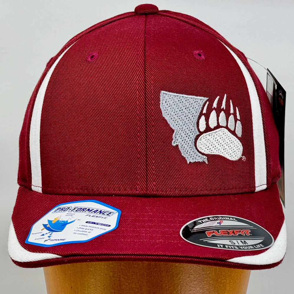 Blue Peak Creative's maroon and white Flexfit Front Sweep Hat embroidered with the Montana Grizzlies Paw design in silver and white (front view)