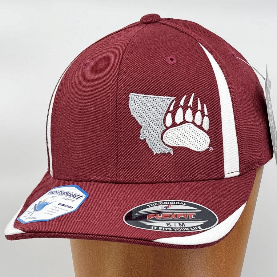 Blue Peak Creative's maroon and white Flexfit Front Sweep Hat embroidered with the Montana Grizzlies Paw design in silver and white (3/4 view)