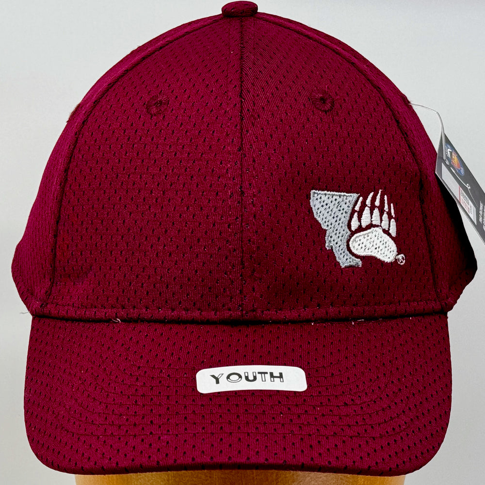 Blue Peaks Creative's maroon Youth Athletic Mesh Hat embroidered with the Montana Grizzlies Paw design in silver and white (front view)