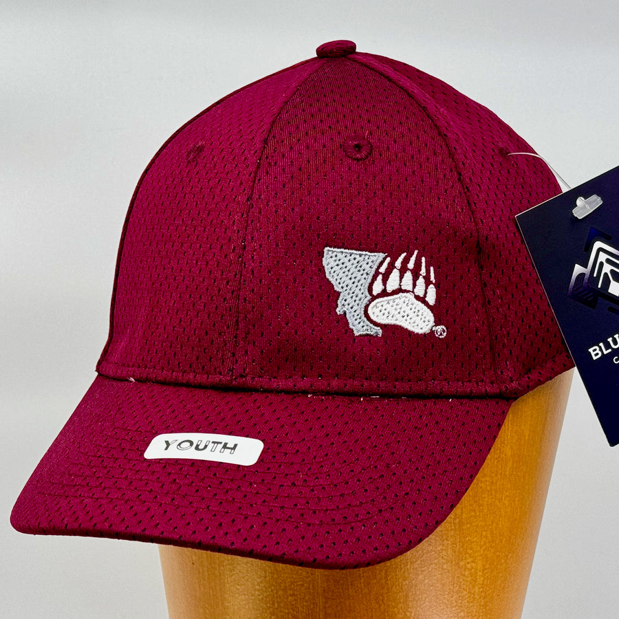 Blue Peaks Creative's maroon Youth Athletic Mesh Hat embroidered with the Montana Grizzlies Paw design in silver and white (3/4 view)